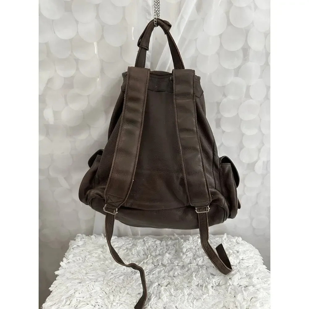 Vintage Leather Drawstring Backpack Brown Distressed Genuine Cowhide Unisex